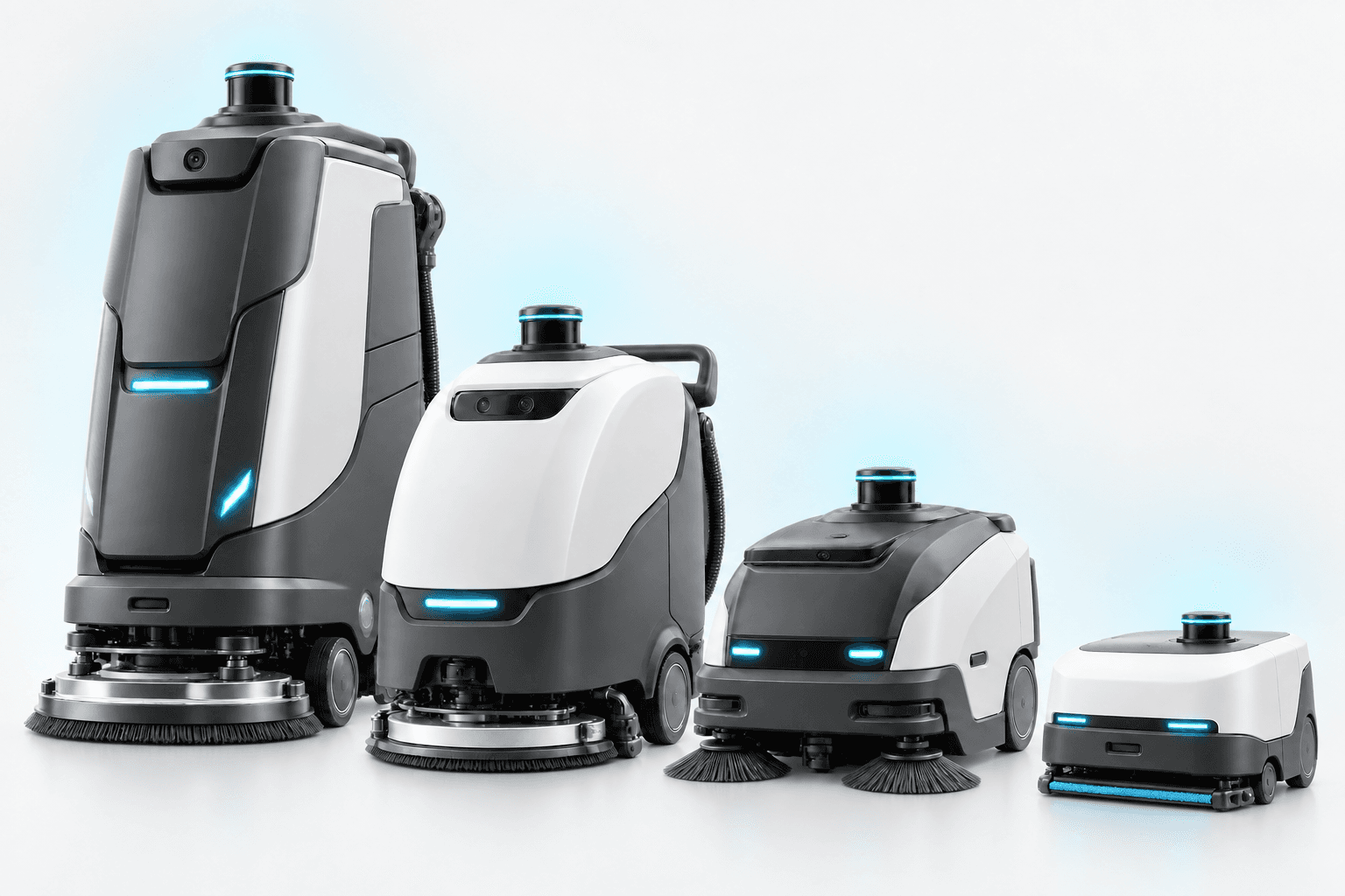 Quatre robots professionnels de nettoyage autonomes